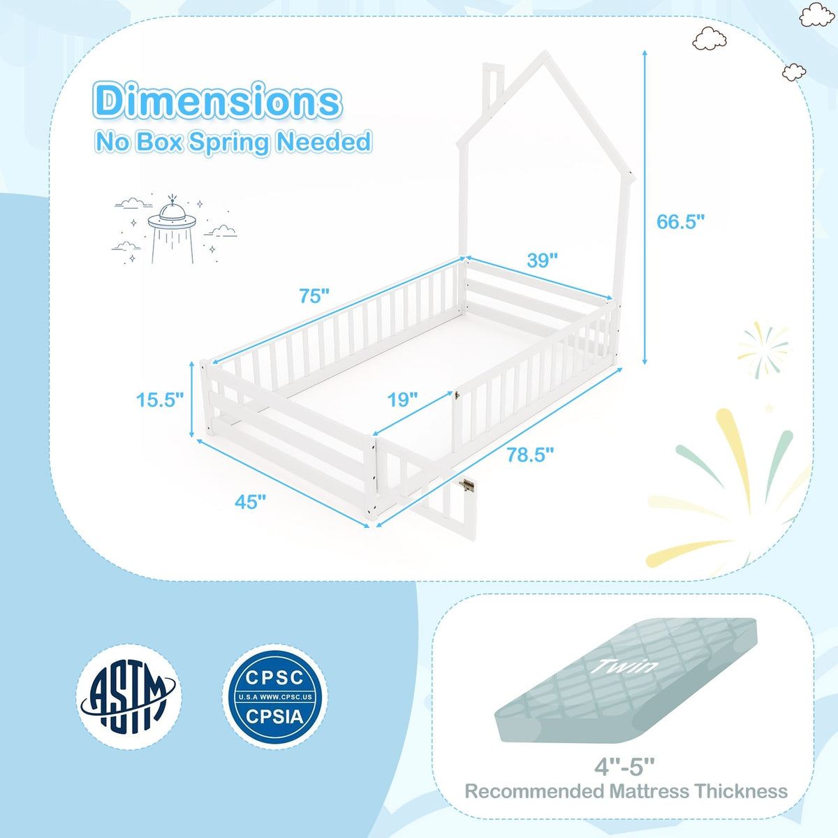 Twin Size Montessori Floor Bed with Lockable Door and Full-Length Guardrail-White-Toddler Beds-DECOROLALA