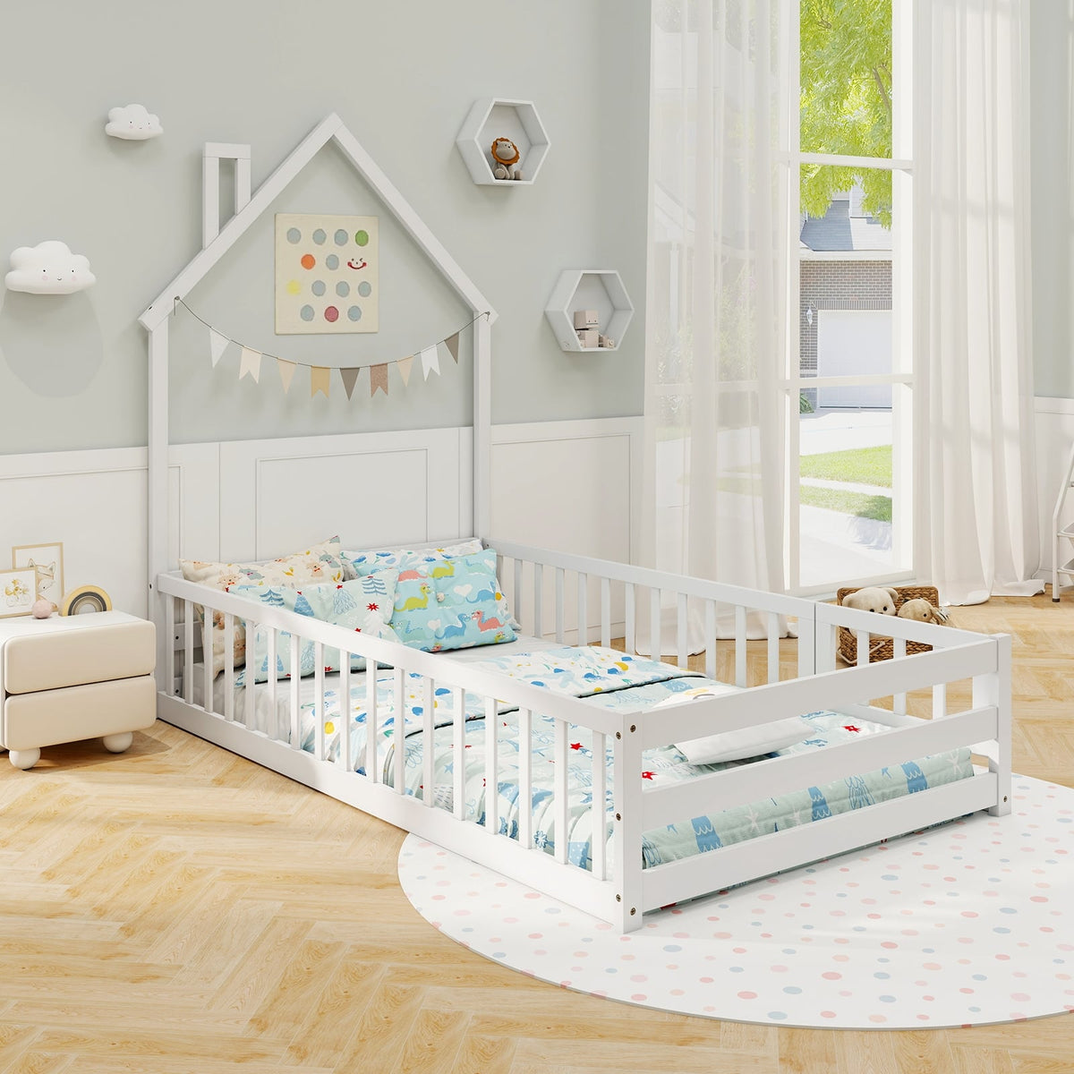Twin Size Montessori Floor Bed with Lockable Door and Full-Length Guardrail-White-Toddler Beds-DECOROLALA