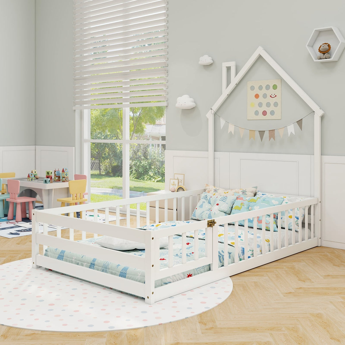 Twin Size Montessori Floor Bed with Lockable Door and Full-Length Guardrail-White-Toddler Beds-DECOROLALA