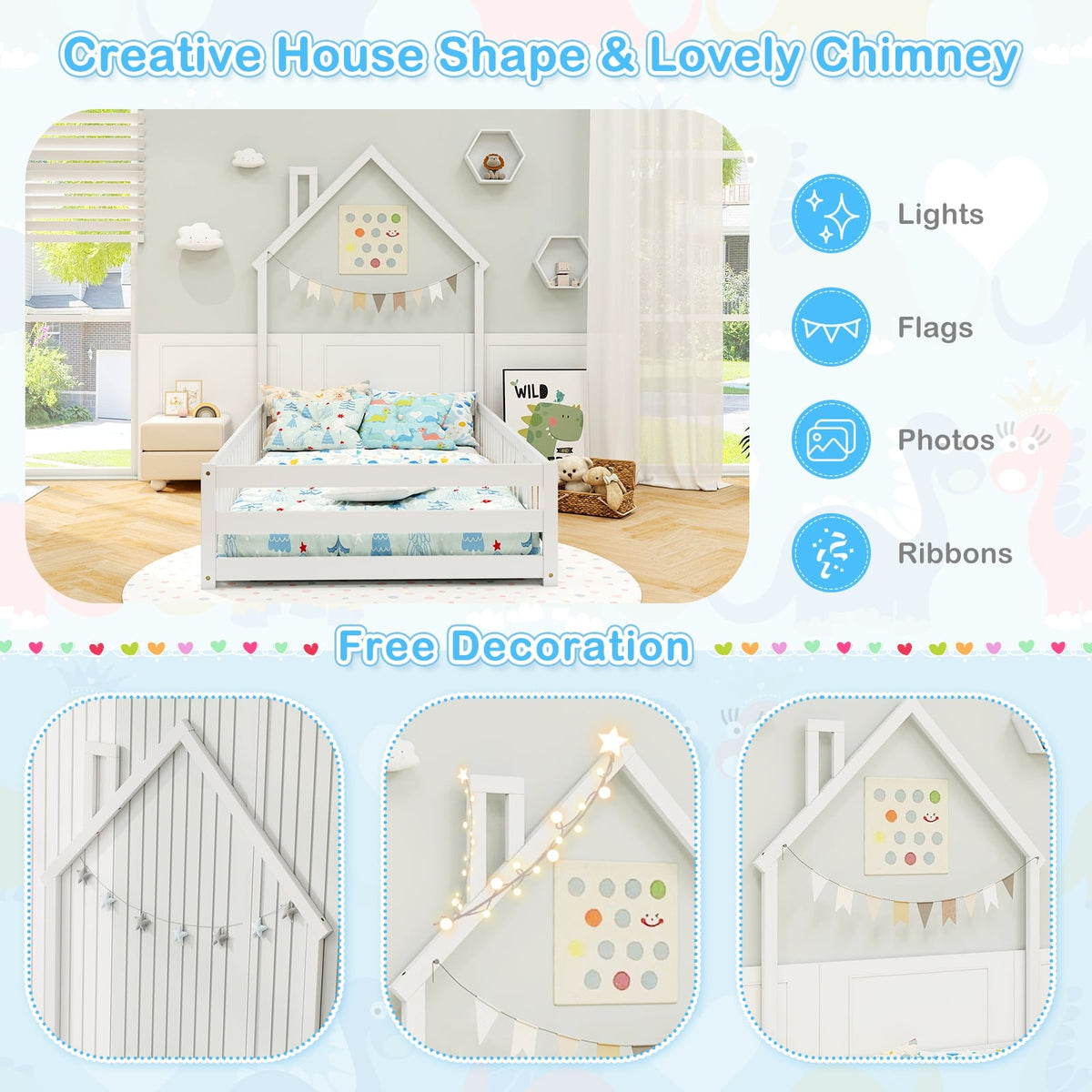 Twin Size Montessori Floor Bed with Lockable Door and Full-Length Guardrail-White-Toddler Beds-DECOROLALA