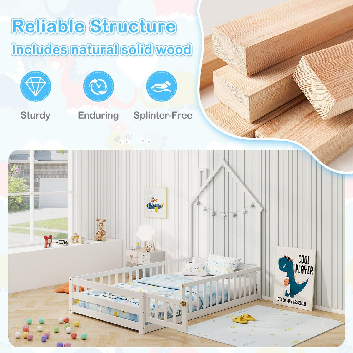 Twin Size Montessori Floor Bed with Lockable Door and Full-Length Guardrail-White-Toddler Beds-DECOROLALA