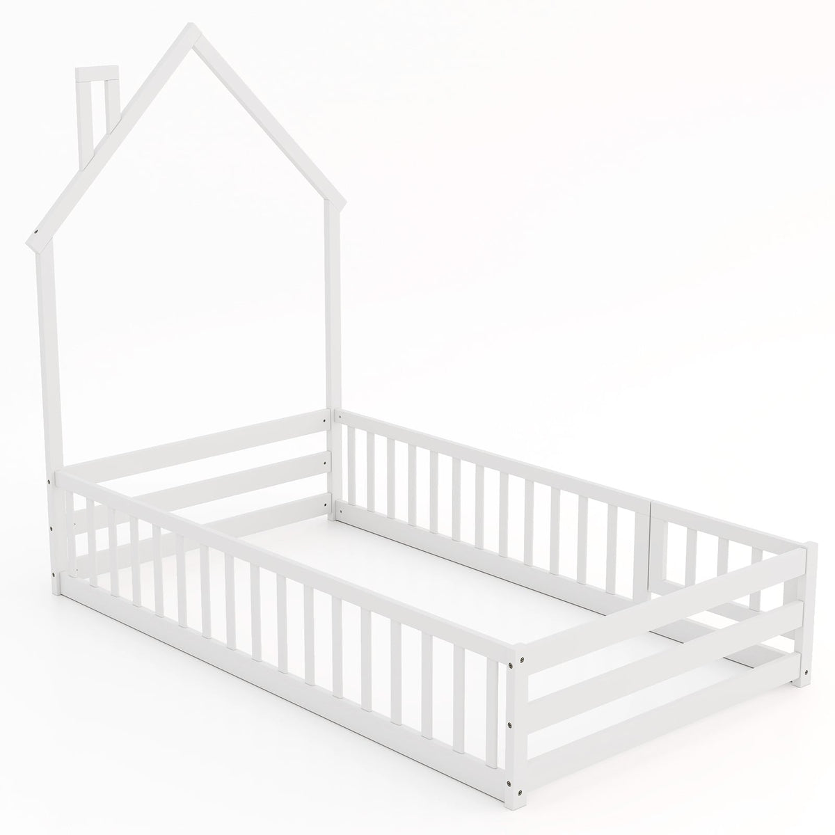 Twin Size Montessori Floor Bed with Lockable Door and Full-Length Guardrail-White-Toddler Beds-DECOROLALA