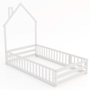 Twin Size Montessori Floor Bed with Lockable Door and Full-Length Guardrail-White-Toddler Beds-DECOROLALA