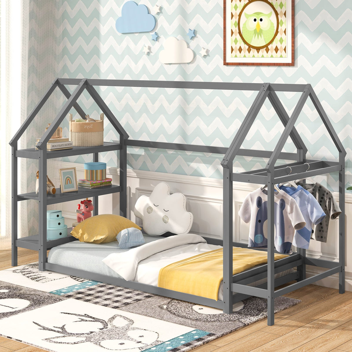 Twin Size Montessori Floor House Bed with Detachable Storage Shelves-Grey-Toddler Beds-DECOROLALA