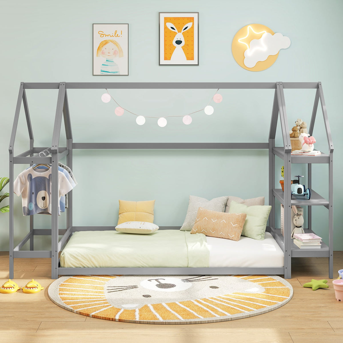 Twin Size Montessori Floor House Bed with Detachable Storage Shelves-Grey-Toddler Beds-DECOROLALA