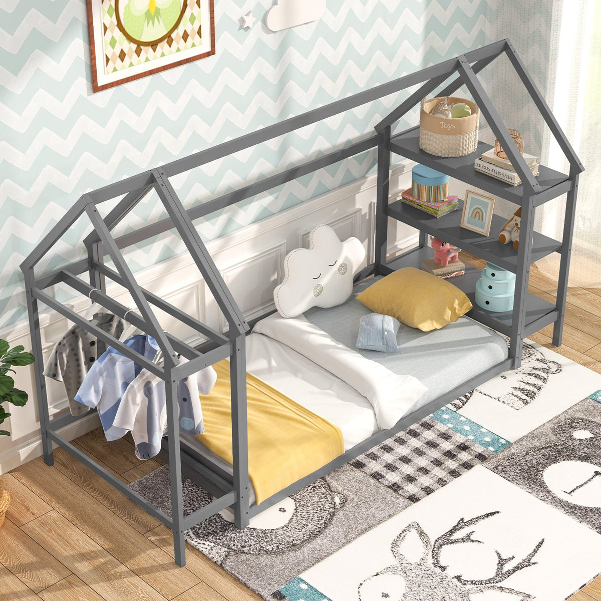 Twin Size Montessori Floor House Bed with Detachable Storage Shelves-Grey-Toddler Beds-DECOROLALA