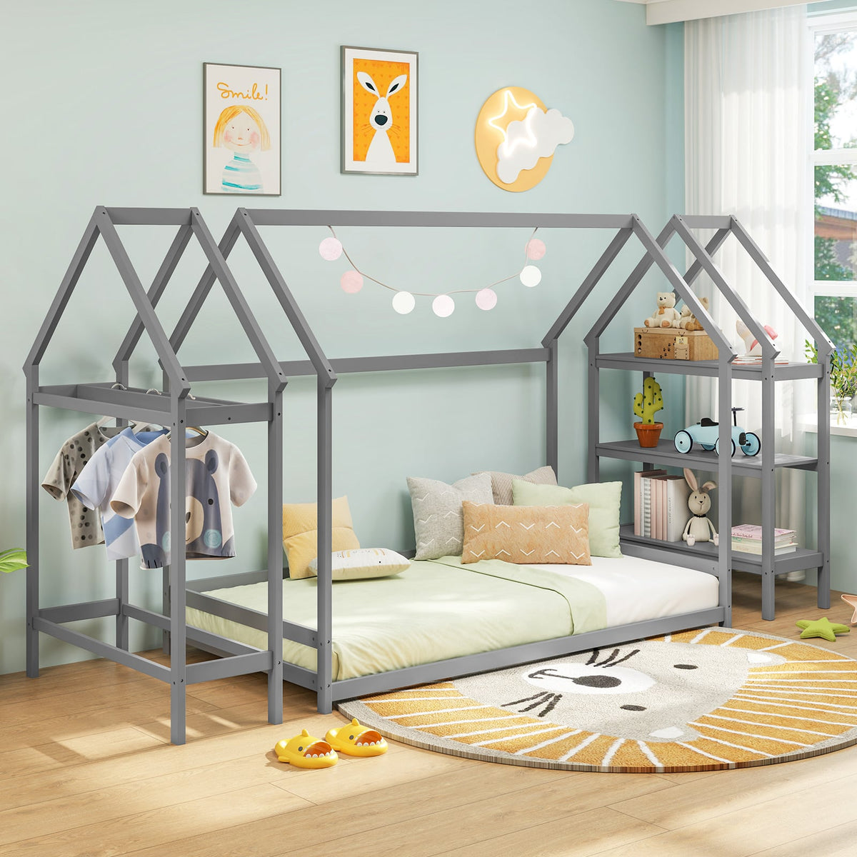Twin Size Montessori Floor House Bed with Detachable Storage Shelves-Grey-Toddler Beds-DECOROLALA