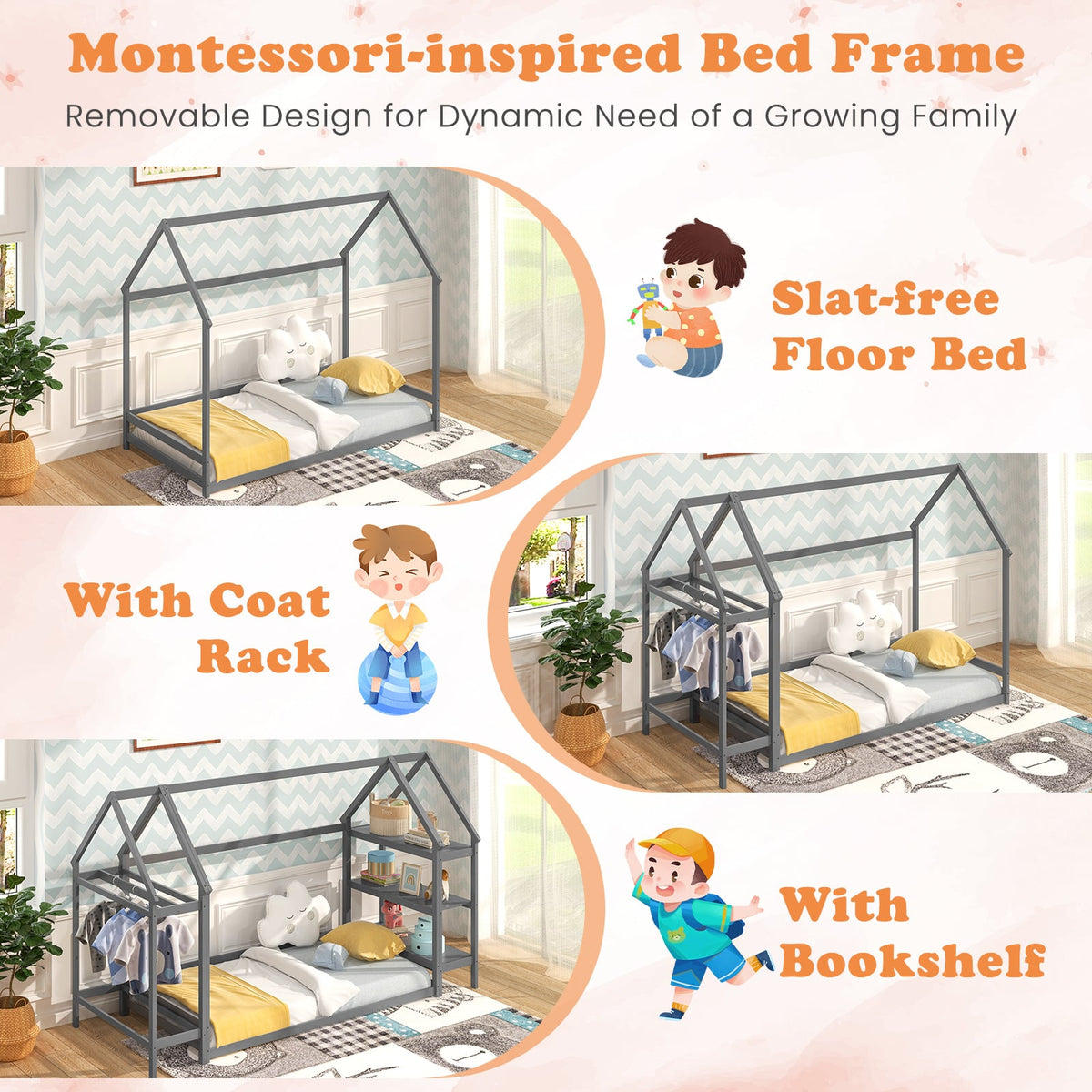 Twin Size Montessori Floor House Bed with Detachable Storage Shelves-Grey-Toddler Beds-DECOROLALA