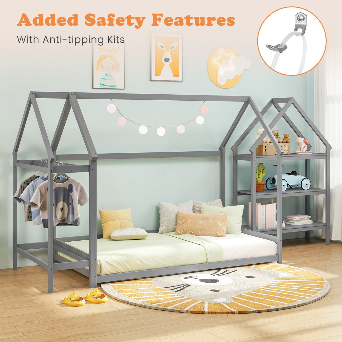 Twin Size Montessori Floor House Bed with Detachable Storage Shelves-Grey-Toddler Beds-DECOROLALA