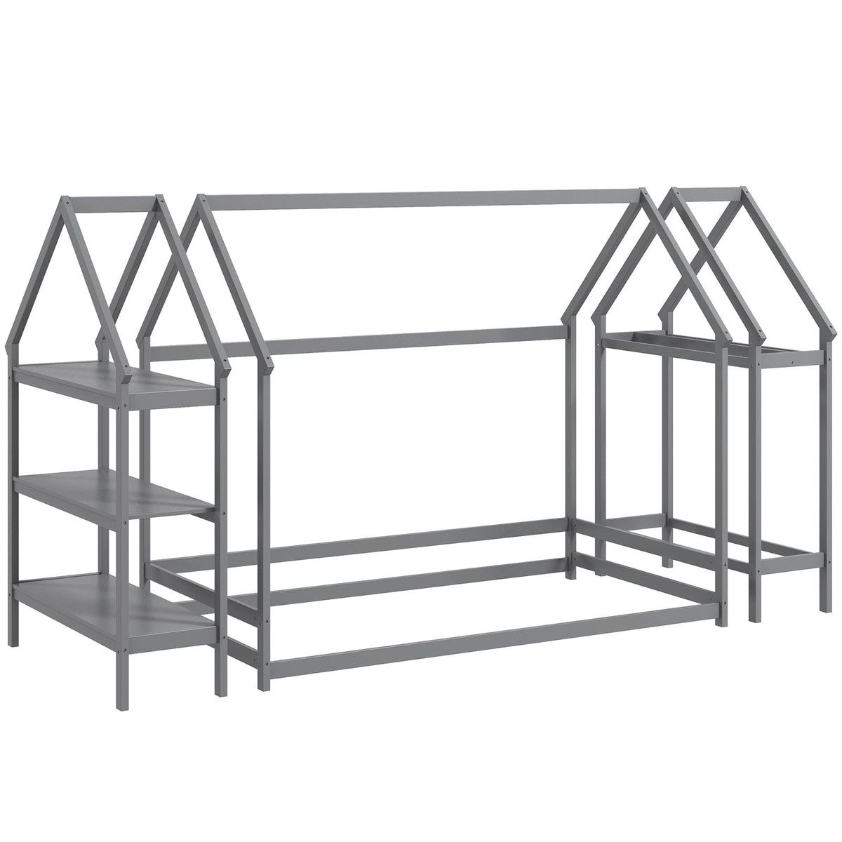 Twin Size Montessori Floor House Bed with Detachable Storage Shelves-Grey-Toddler Beds-DECOROLALA