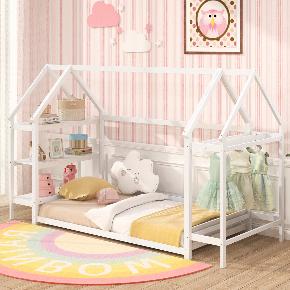 Twin Size Montessori Floor House Bed with Detachable Storage Shelves-White-Toddler Beds-DECOROLALA