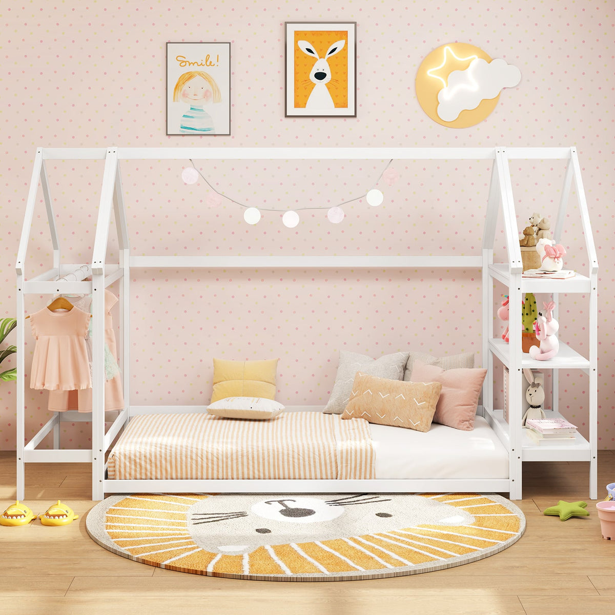 Twin Size Montessori Floor House Bed with Detachable Storage Shelves-White-Toddler Beds-DECOROLALA