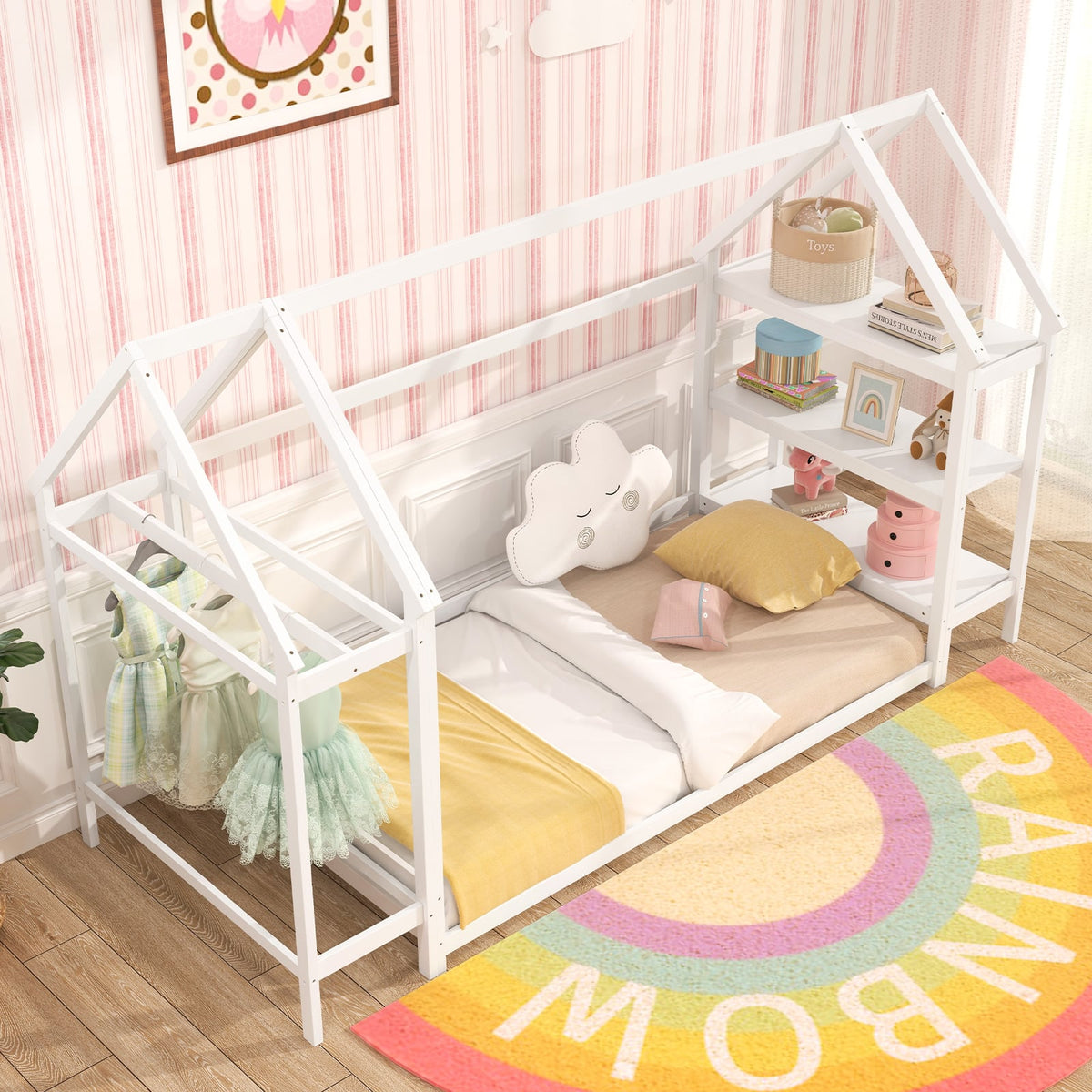 Twin Size Montessori Floor House Bed with Detachable Storage Shelves-White-Toddler Beds-DECOROLALA