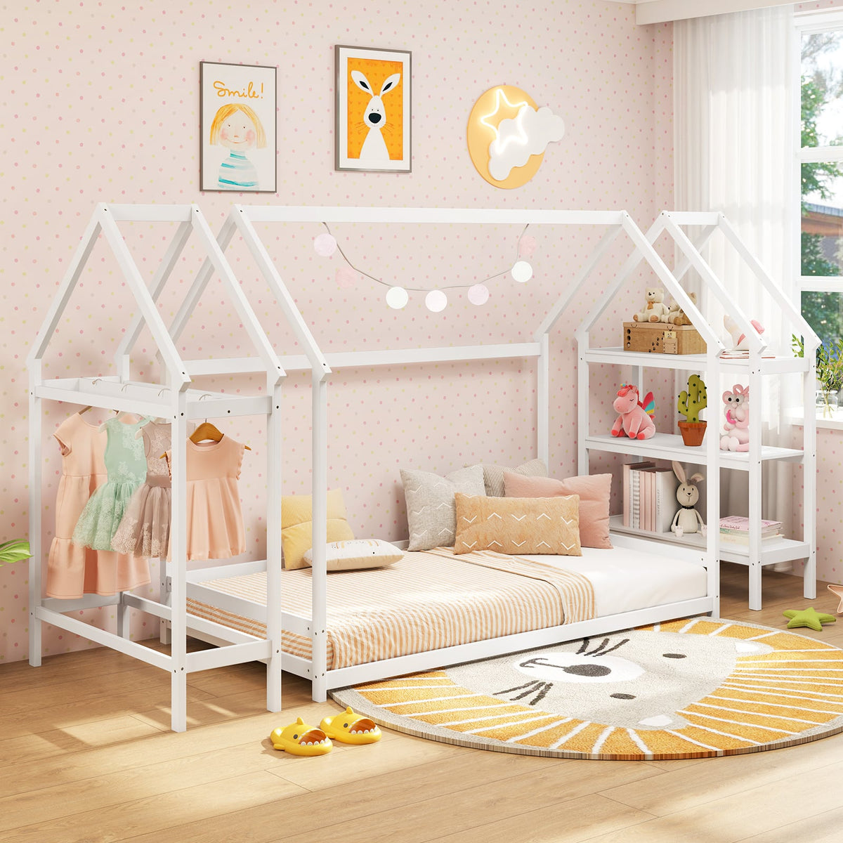 Twin Size Montessori Floor House Bed with Detachable Storage Shelves-White-Toddler Beds-DECOROLALA