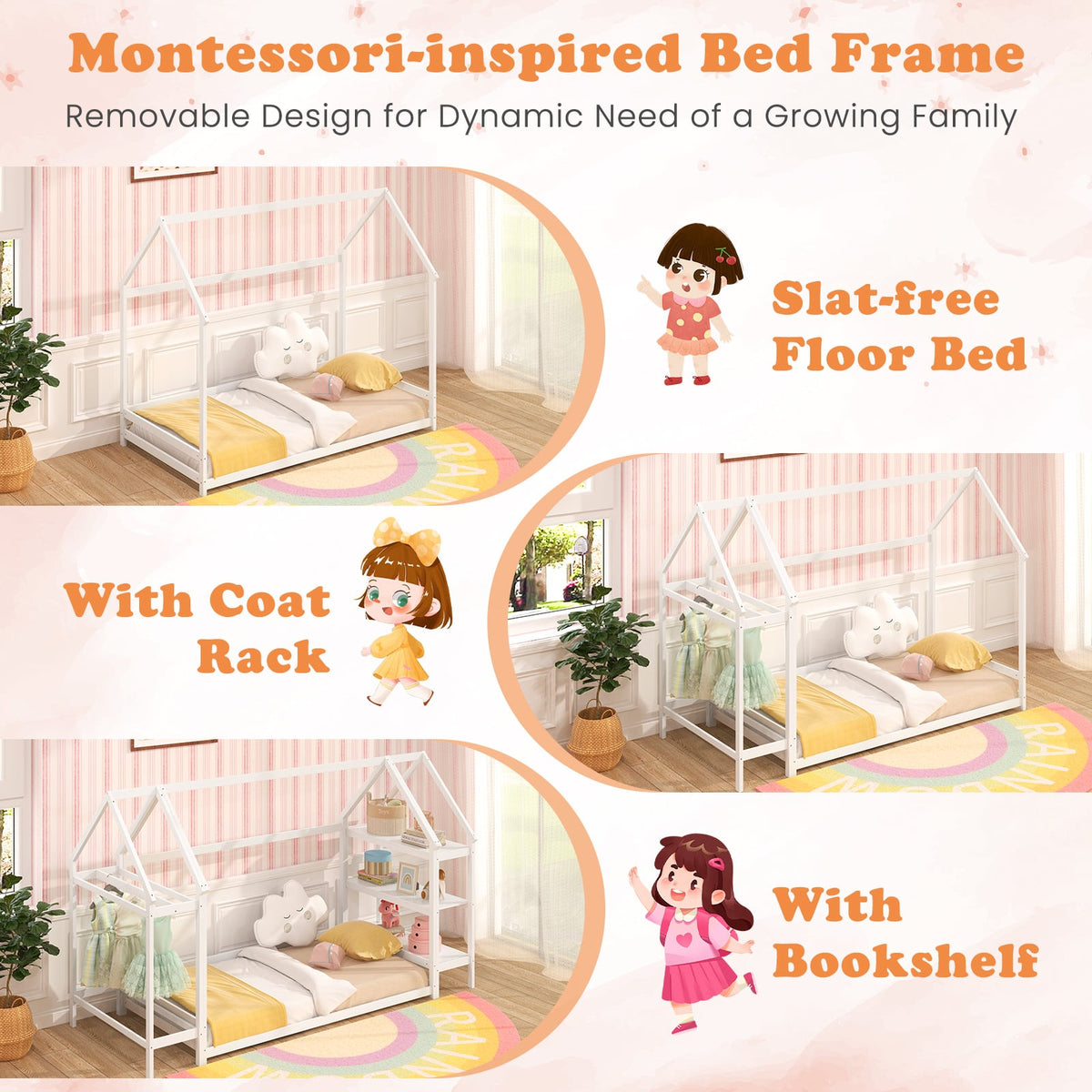 Twin Size Montessori Floor House Bed with Detachable Storage Shelves-White-Toddler Beds-DECOROLALA