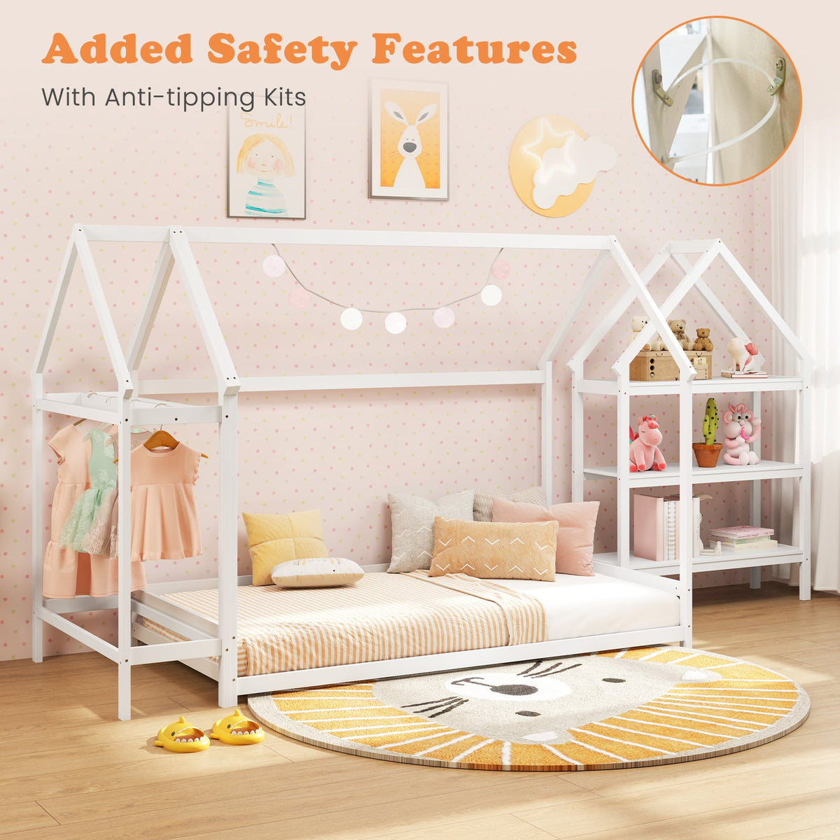Twin Size Montessori Floor House Bed with Detachable Storage Shelves-White-Toddler Beds-DECOROLALA