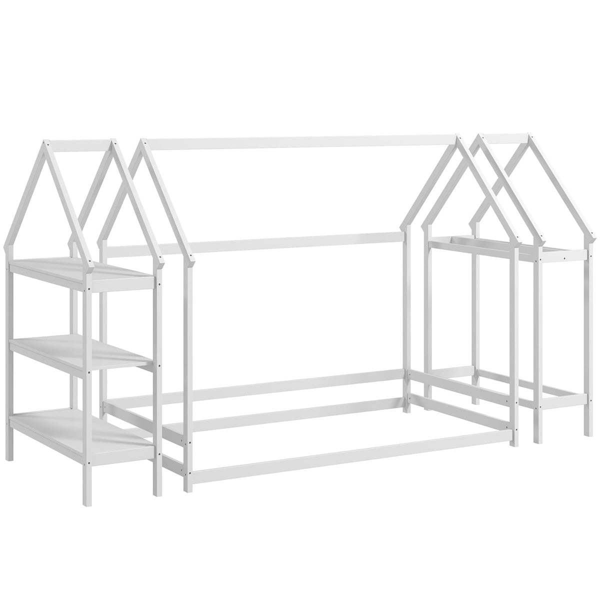 Twin Size Montessori Floor House Bed with Detachable Storage Shelves-White-Toddler Beds-DECOROLALA