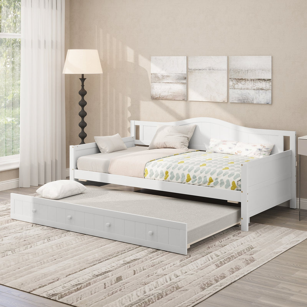Twin Size Daybed with Trundle and Slats Support on Wheels-Trundle Bed Frame-DECOROLALA