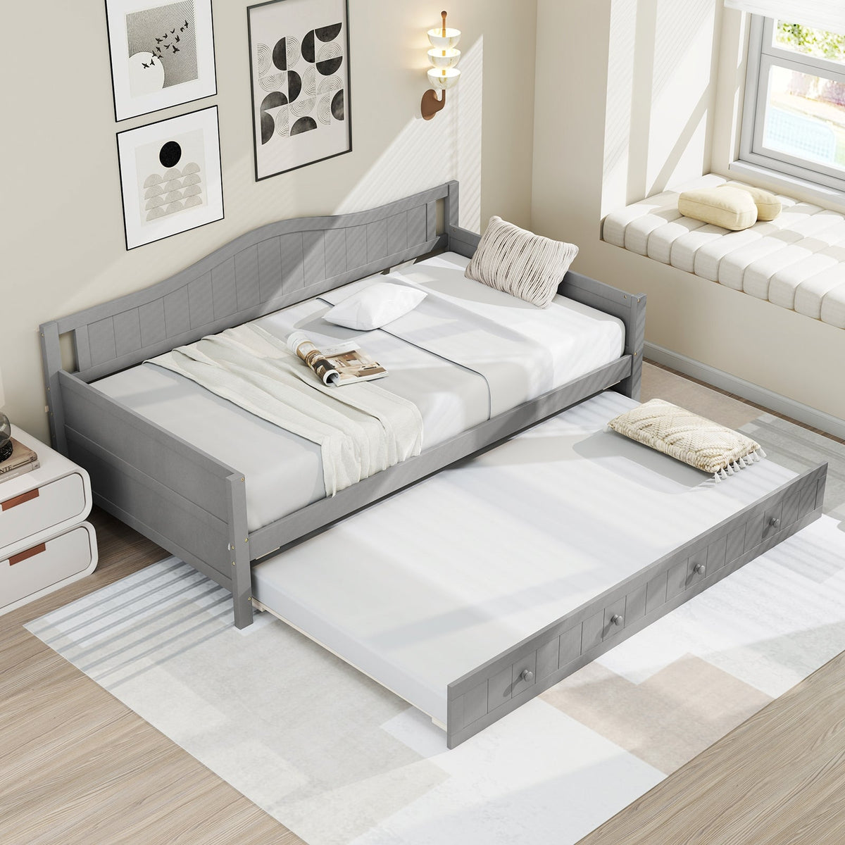 Twin Size Daybed with Trundle and Slats Support on Wheels-Trundle Bed Frame-DECOROLALA