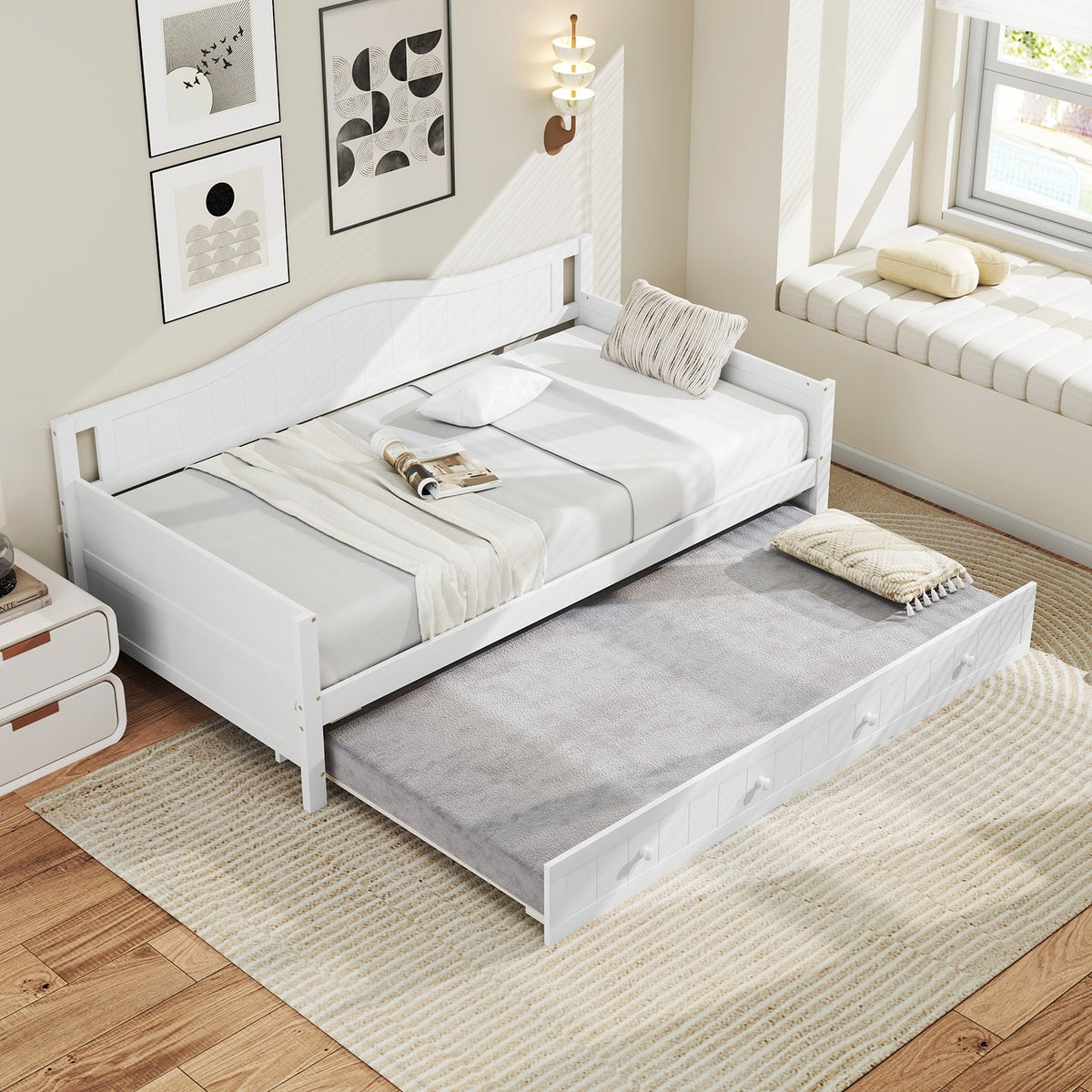 Twin Size Daybed with Trundle and Slats Support on Wheels-Trundle Bed Frame-DECOROLALA