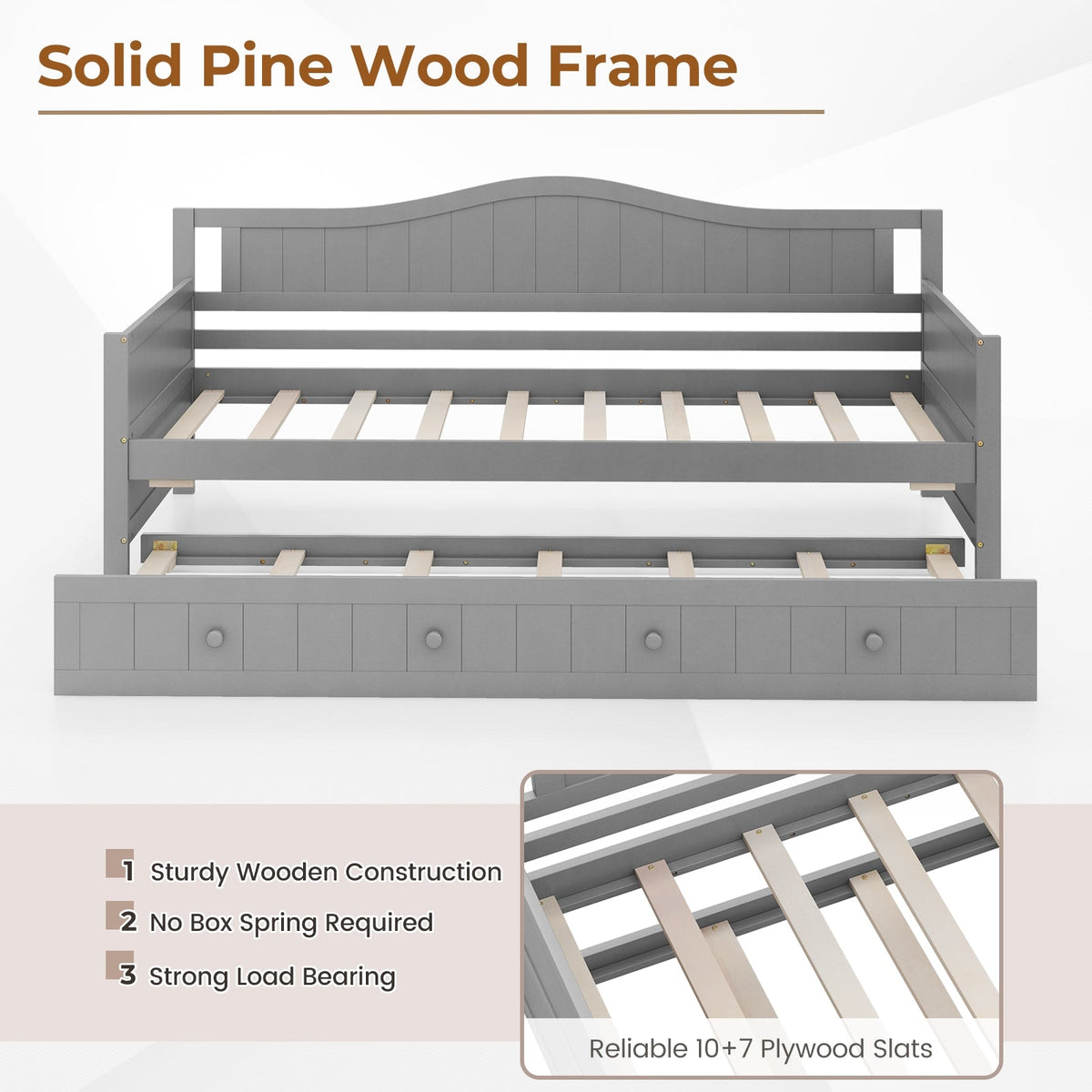 Twin Size Daybed with Trundle and Slats Support on Wheels-Trundle Bed Frame-DECOROLALA