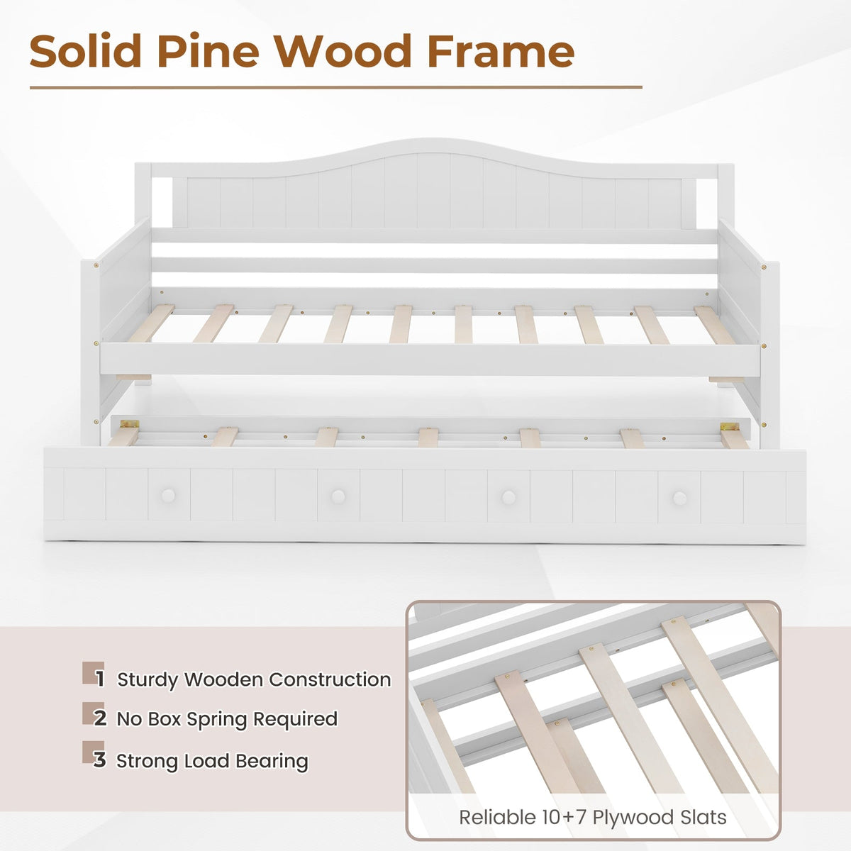 Twin Size Daybed with Trundle and Slats Support on Wheels-Trundle Bed Frame-DECOROLALA