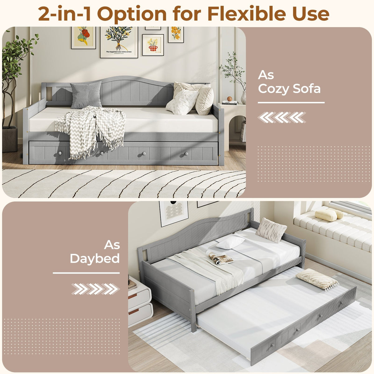 Twin Size Daybed with Trundle and Slats Support on Wheels-Trundle Bed Frame-DECOROLALA