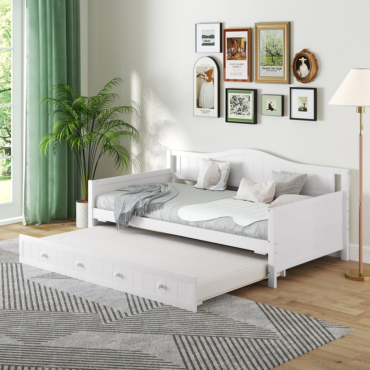 Twin Size Daybed with Trundle and Slats Support on Wheels-Trundle Bed Frame-DECOROLALA