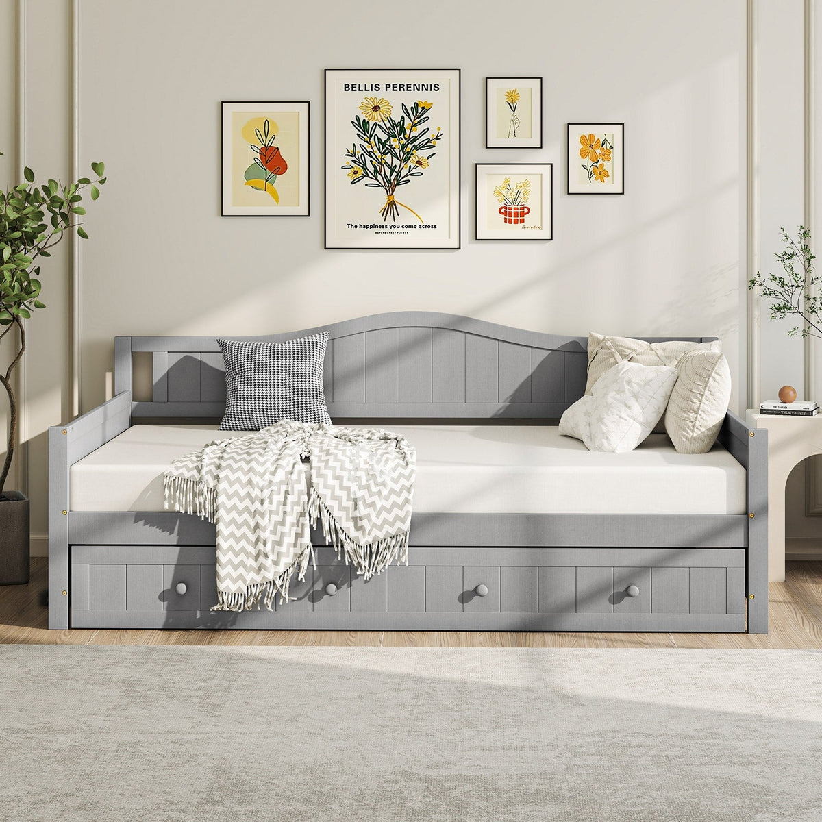 Twin Size Daybed with Trundle and Slats Support on Wheels-Trundle Bed Frame-DECOROLALA