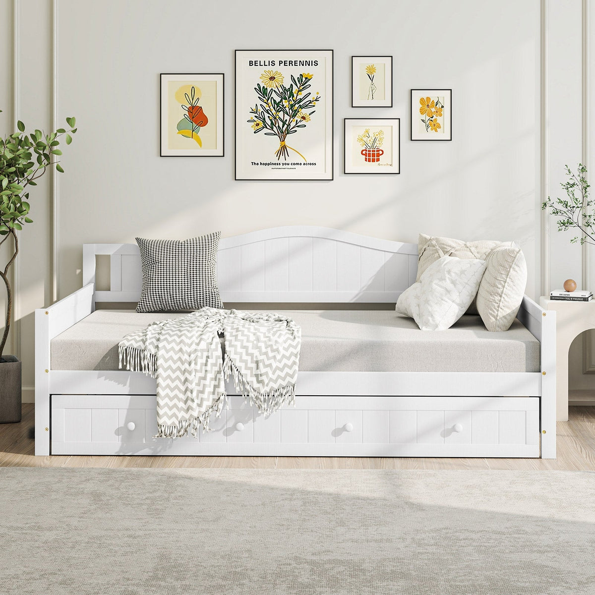Twin Size Daybed with Trundle and Slats Support on Wheels-Trundle Bed Frame-DECOROLALA