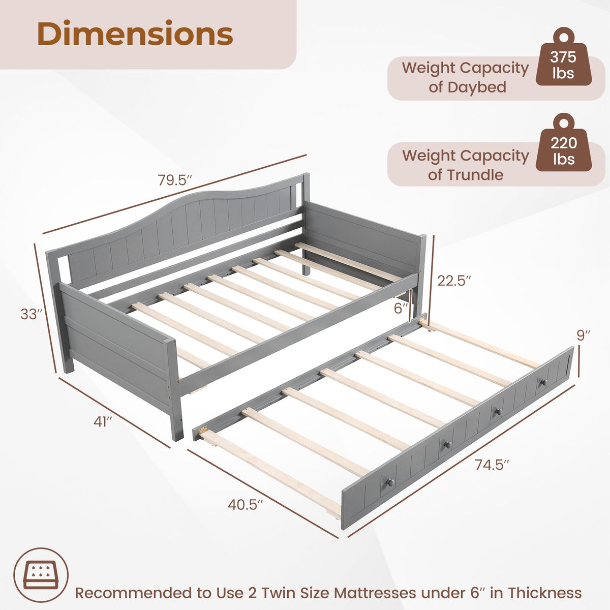 Twin Size Daybed with Trundle and Slats Support on Wheels-Trundle Bed Frame-DECOROLALA