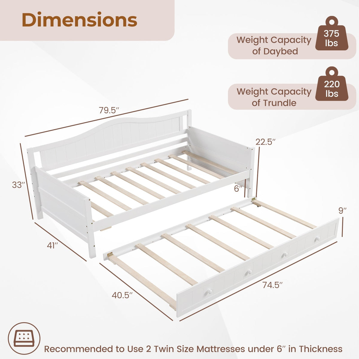 Twin Size Daybed with Trundle and Slats Support on Wheels-Trundle Bed Frame-DECOROLALA