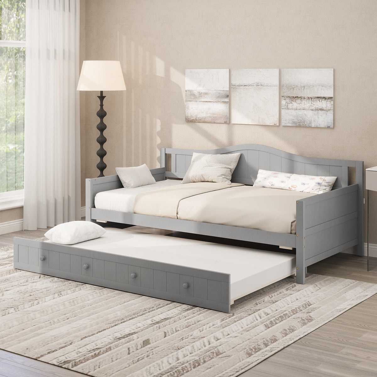 Twin Size Daybed with Trundle and Slats Support on Wheels-Trundle Bed Frame-DECOROLALA