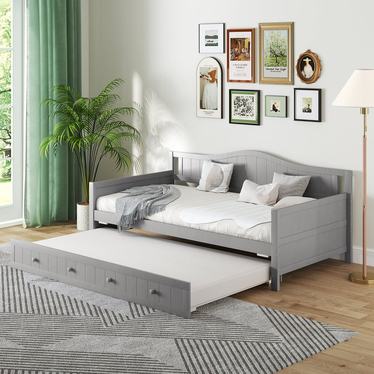 Twin Size Daybed with Trundle and Slats Support on Wheels-Trundle Bed Frame-DECOROLALA