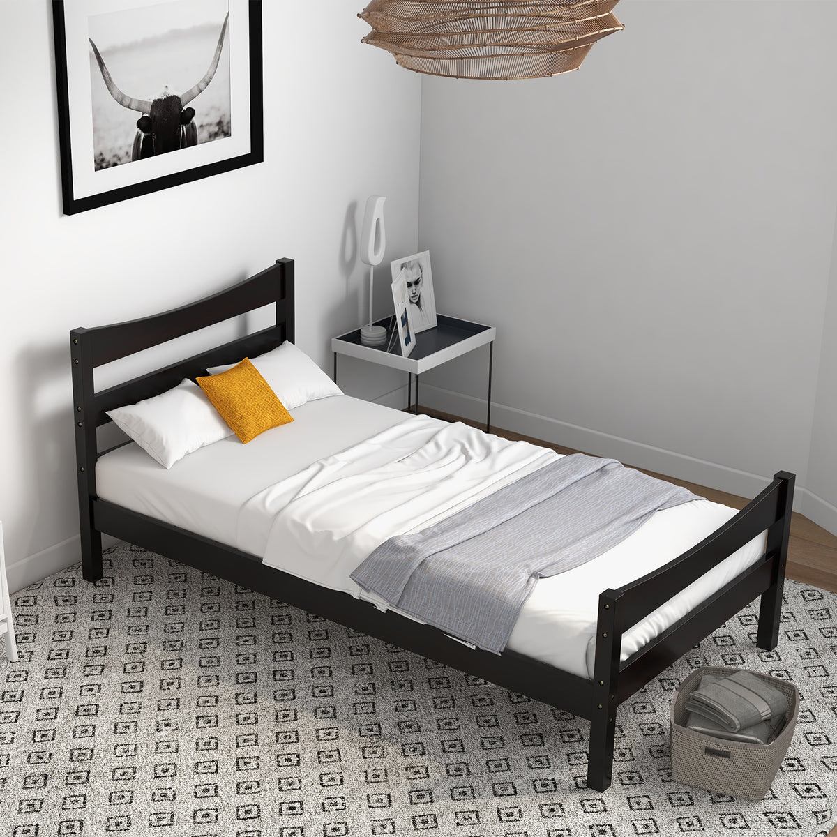Twin Size Platform Bed Frame Foundation Slat Support -Dark Brown-Simple Bed Frame-DECOROLALA