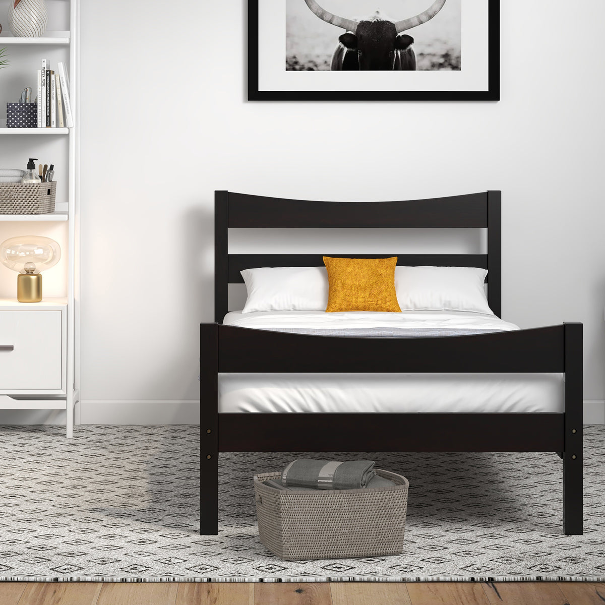 Twin Size Platform Bed Frame Foundation Slat Support -Dark Brown-Simple Bed Frame-DECOROLALA