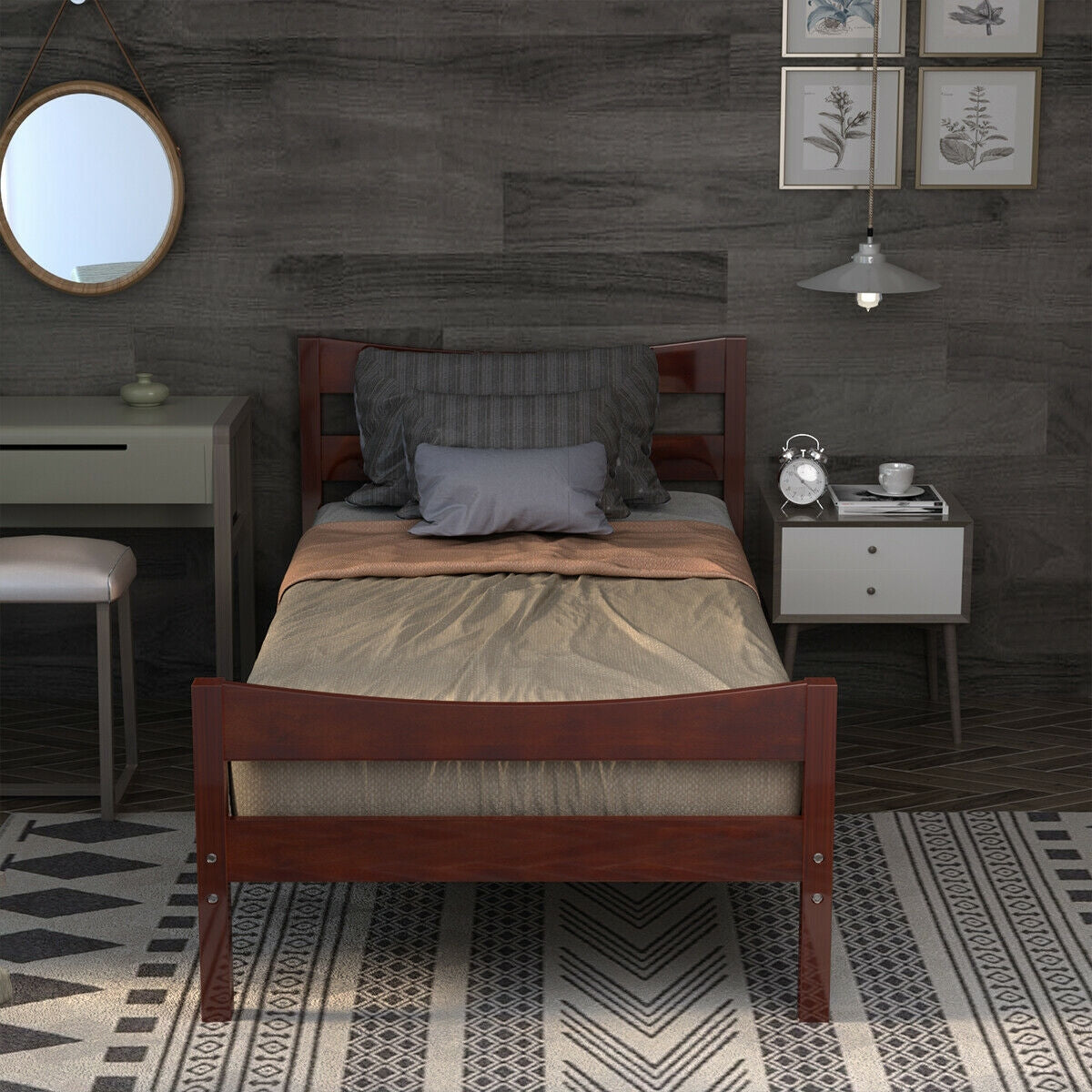 Twin Size Platform Bed Frame Foundation Slat Support -Walnut-Simple Bed Frame-DECOROLALA