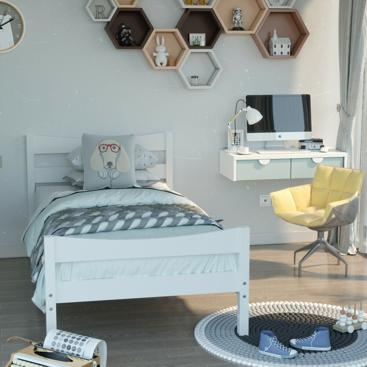 Twin Size Platform Bed Frame Foundation Slat Support -White-Simple Bed Frame-DECOROLALA