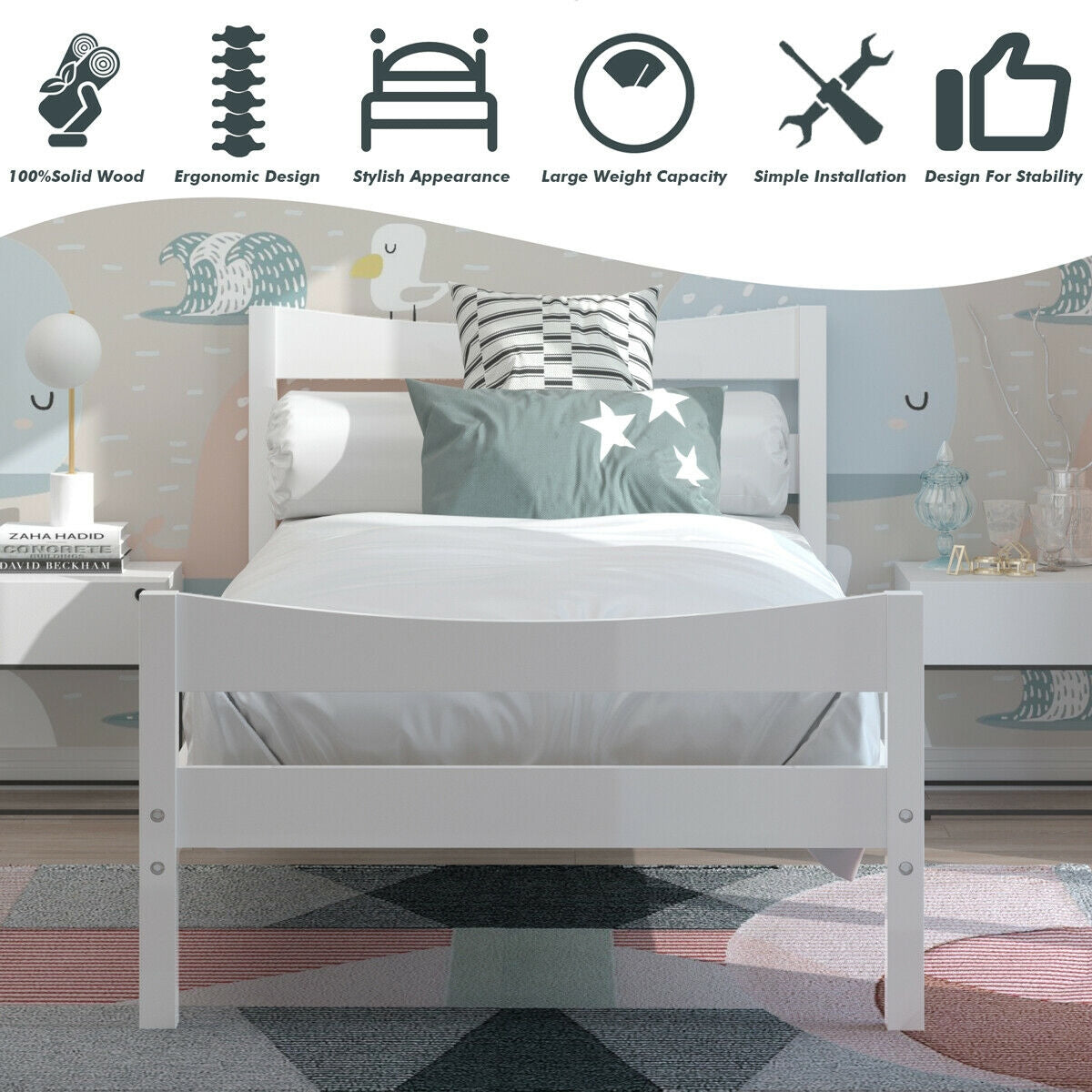 Twin Size Platform Bed Frame Foundation Slat Support -White-Simple Bed Frame-DECOROLALA