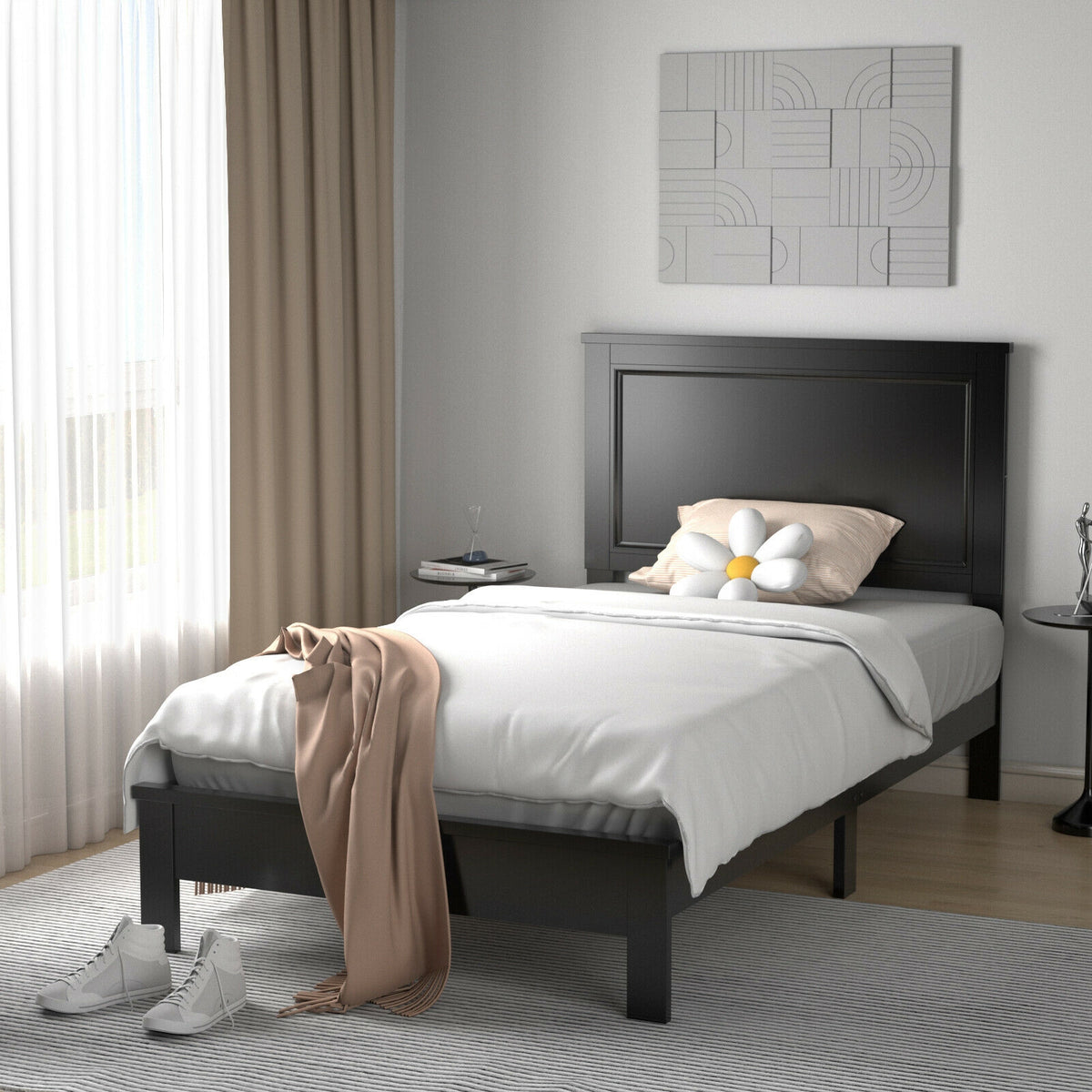 Twin Size Platform Bed Frame with Rubber Wood Leg-Black-Simple Bed Frame-DECOROLALA