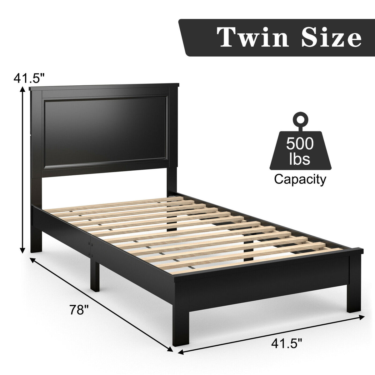 Twin Size Platform Bed Frame with Rubber Wood Leg-Black-Simple Bed Frame-DECOROLALA