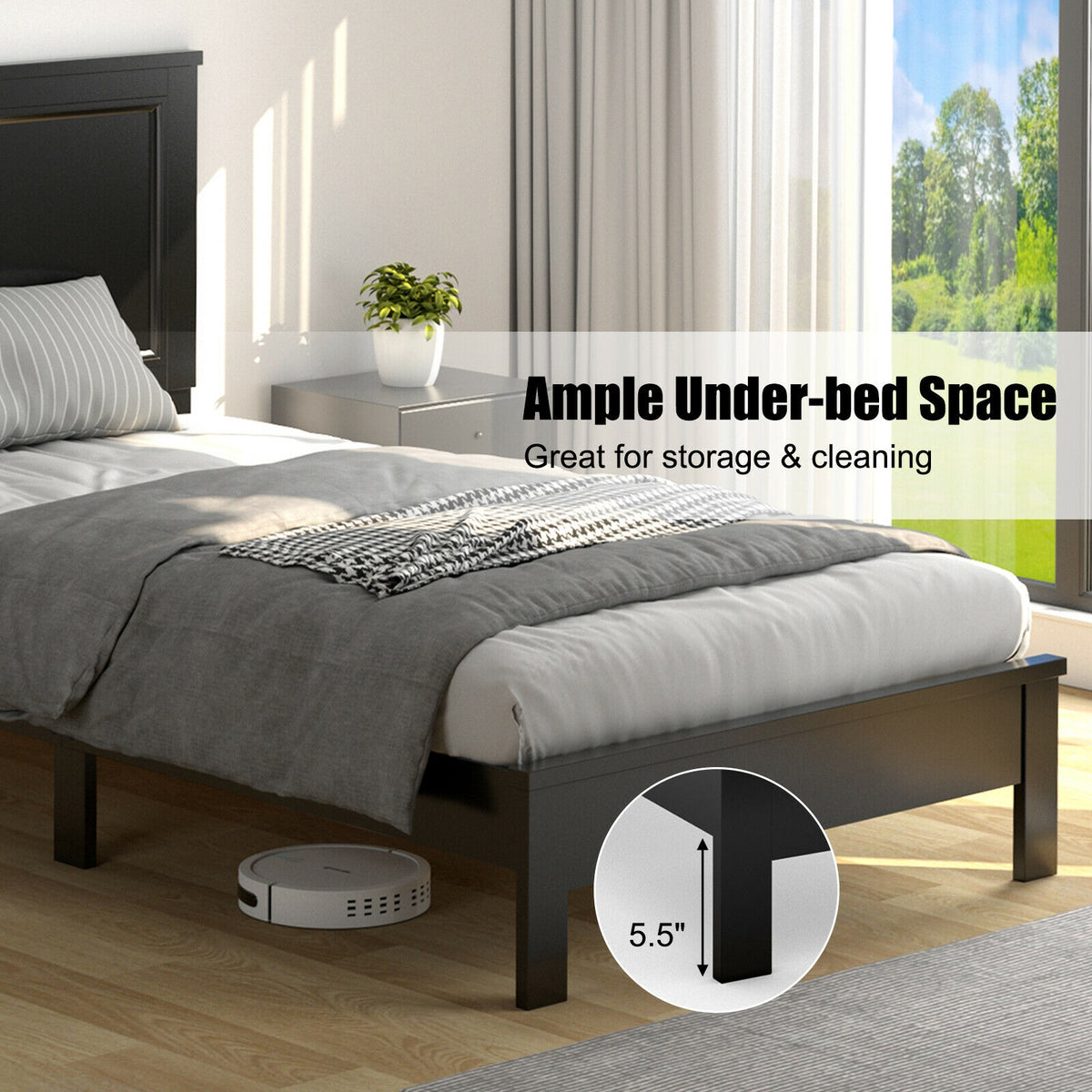 Twin Size Platform Bed Frame with Rubber Wood Leg-Black-Simple Bed Frame-DECOROLALA