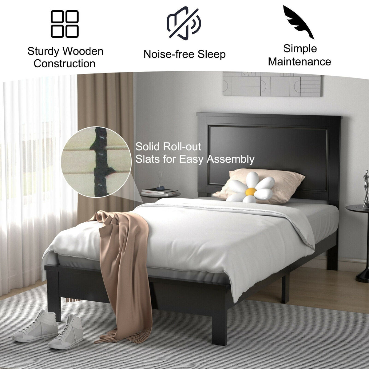 Twin Size Platform Bed Frame with Rubber Wood Leg-Simple Bed Frame-DECOROLALA
