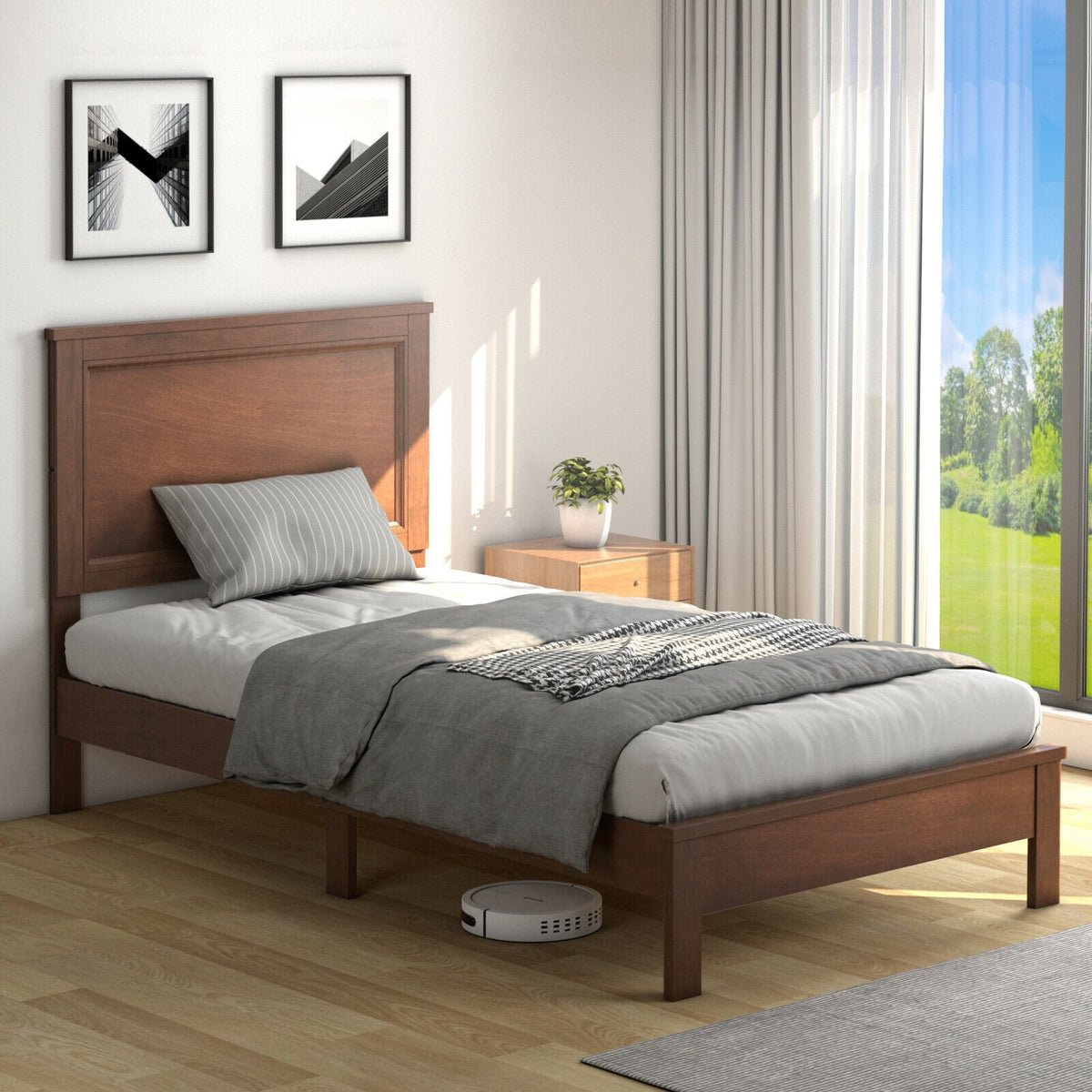 Twin Size Platform Bed Frame with Rubber Wood Leg-Simple Bed Frame-DECOROLALA