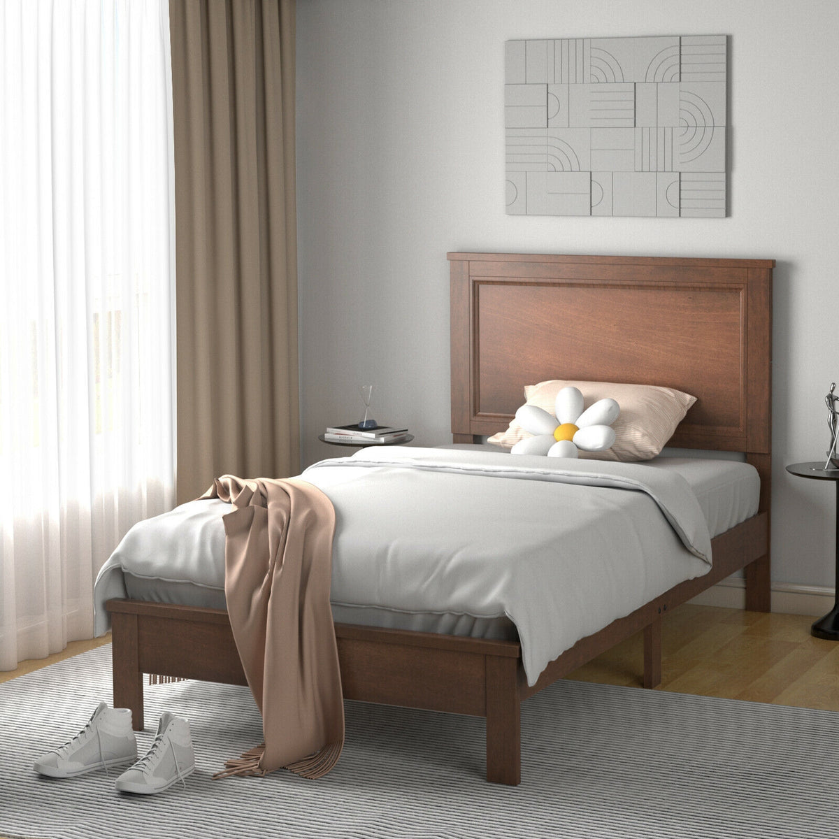 Twin Size Platform Bed Frame with Rubber Wood Leg-Walnut-Simple Bed Frame-DECOROLALA