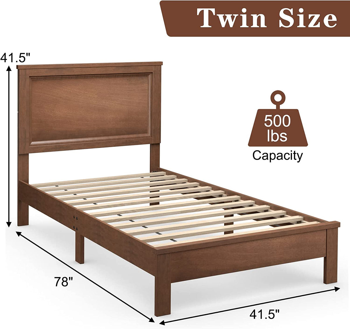 Twin Size Platform Bed Frame with Rubber Wood Leg-Walnut-Simple Bed Frame-DECOROLALA