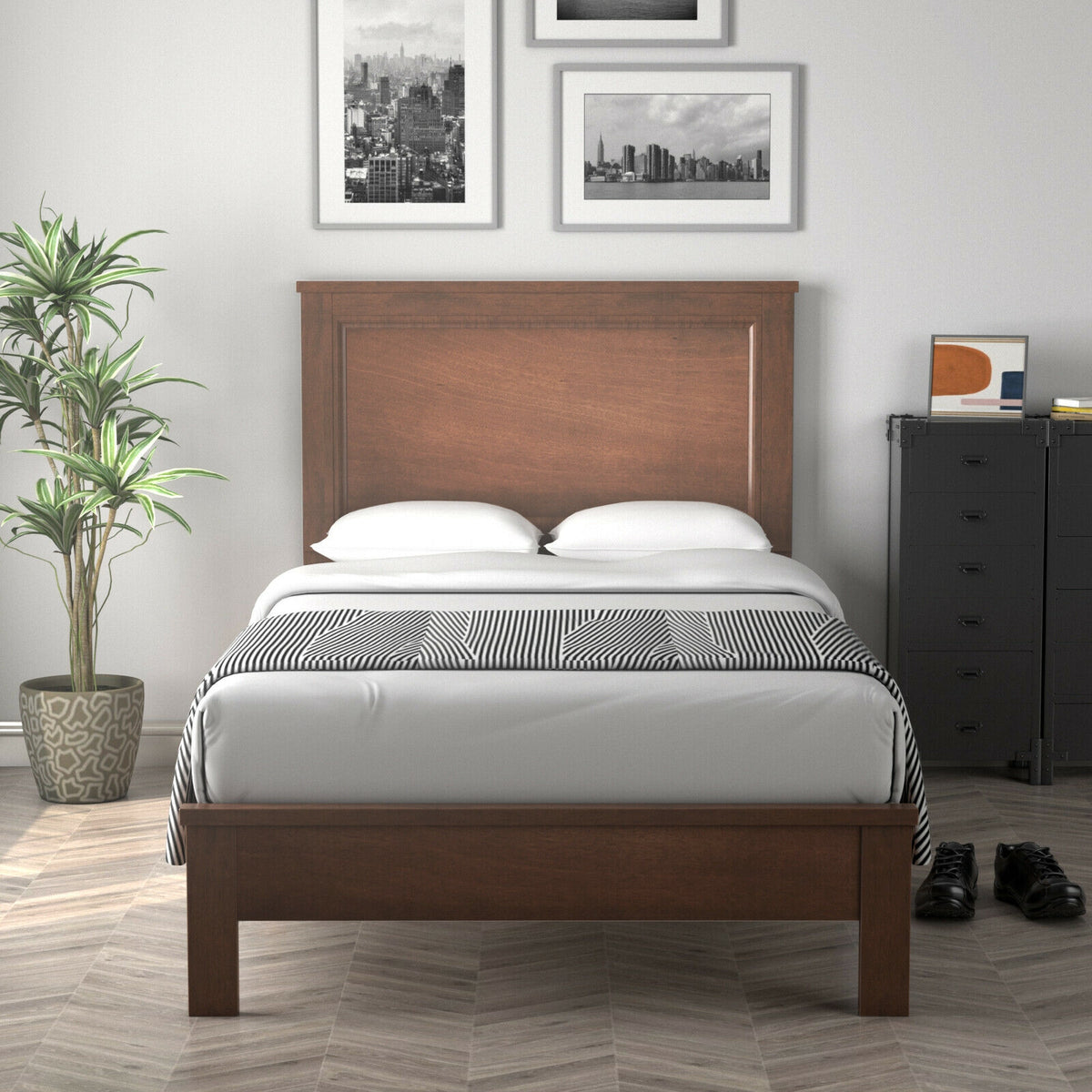 Twin Size Platform Bed Frame with Rubber Wood Leg-Walnut-Simple Bed Frame-DECOROLALA