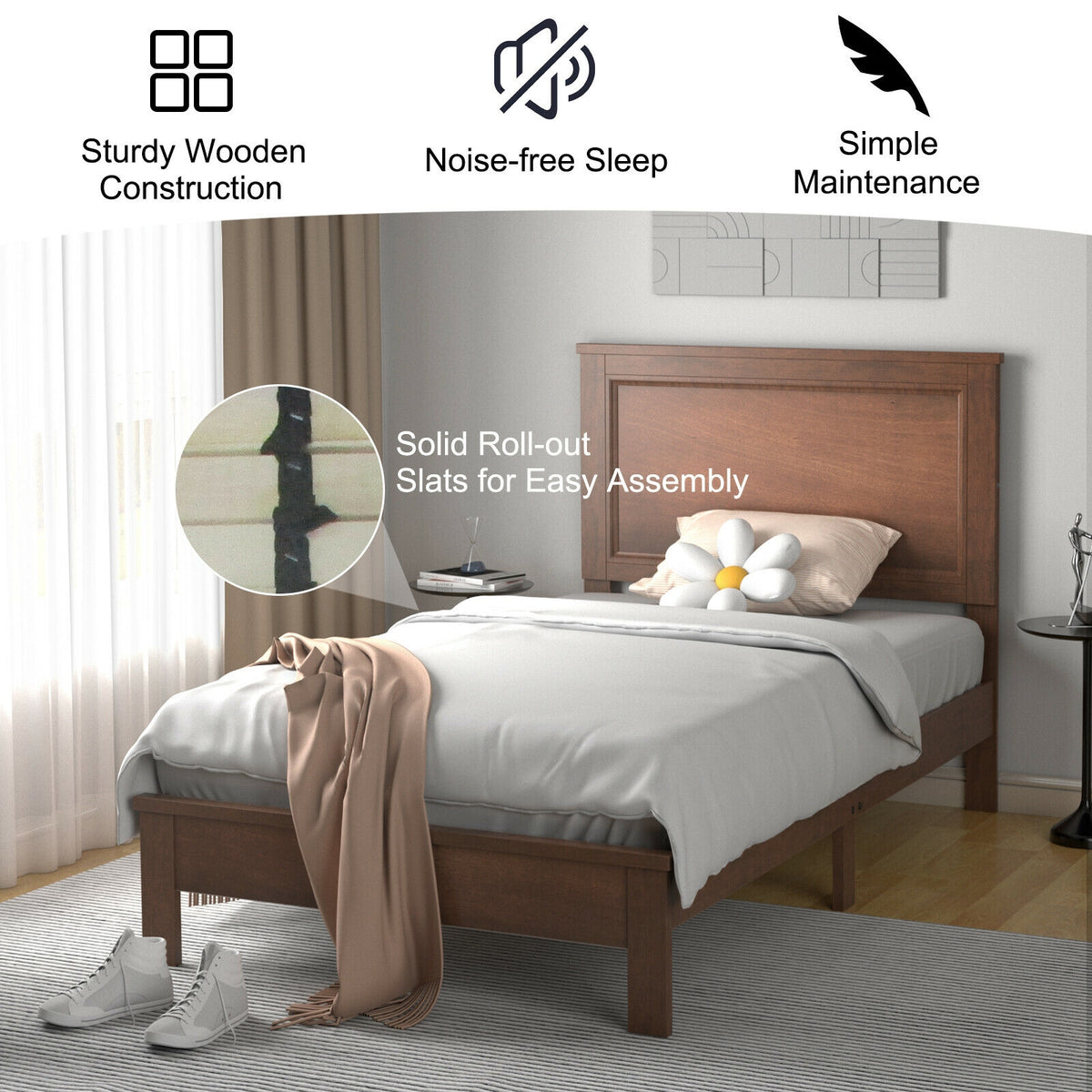 Twin Size Platform Bed Frame with Rubber Wood Leg-Walnut-Simple Bed Frame-DECOROLALA