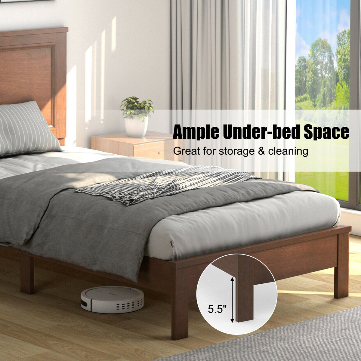 Twin Size Platform Bed Frame with Rubber Wood Leg-Walnut-Simple Bed Frame-DECOROLALA