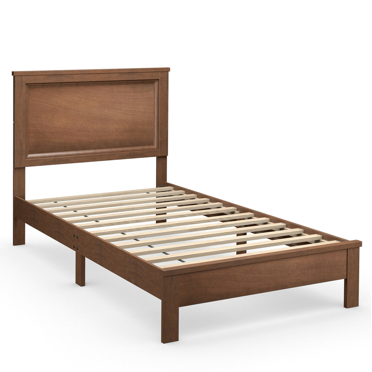Twin Size Platform Bed Frame with Rubber Wood Leg-Walnut-Simple Bed Frame-DECOROLALA